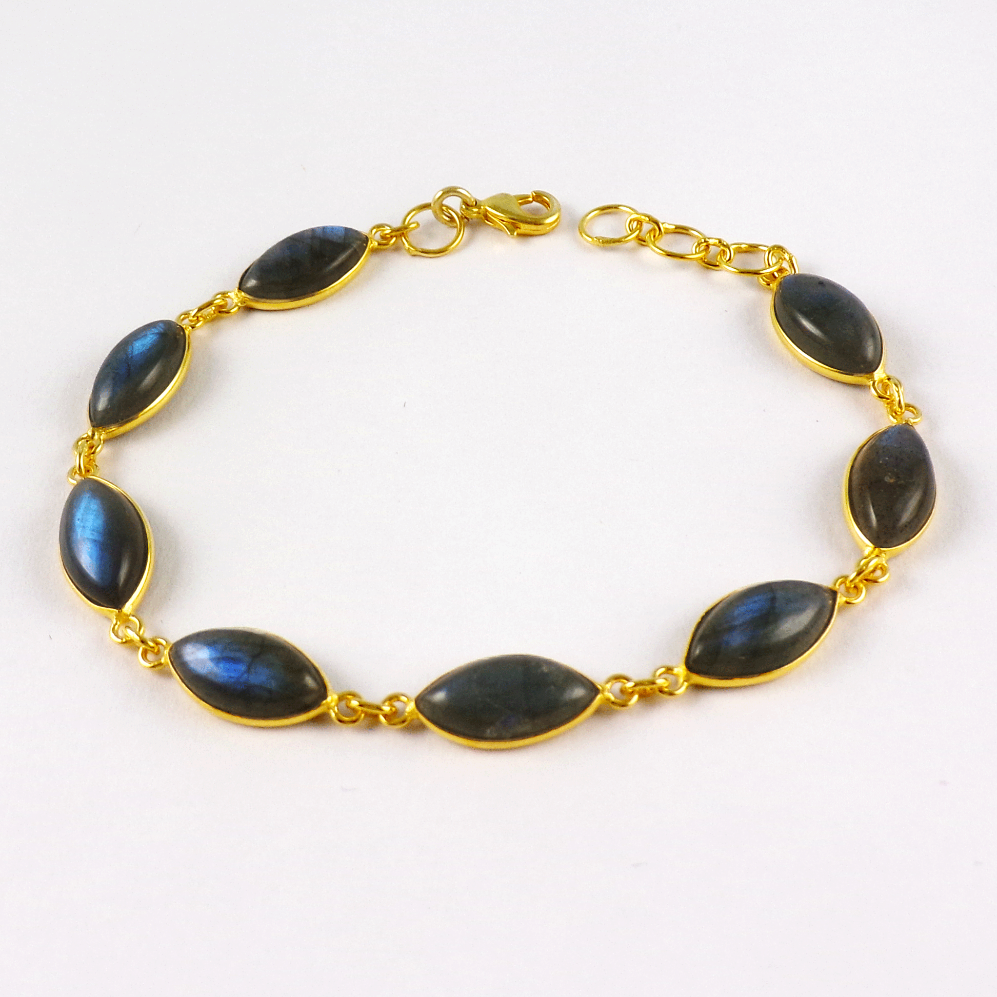 Natural Labradorite Brass Bracelet S - BZB999 18K Gold Plated Cab Marquise Shape 6x12mm Bezel Setting Brass Bracelet